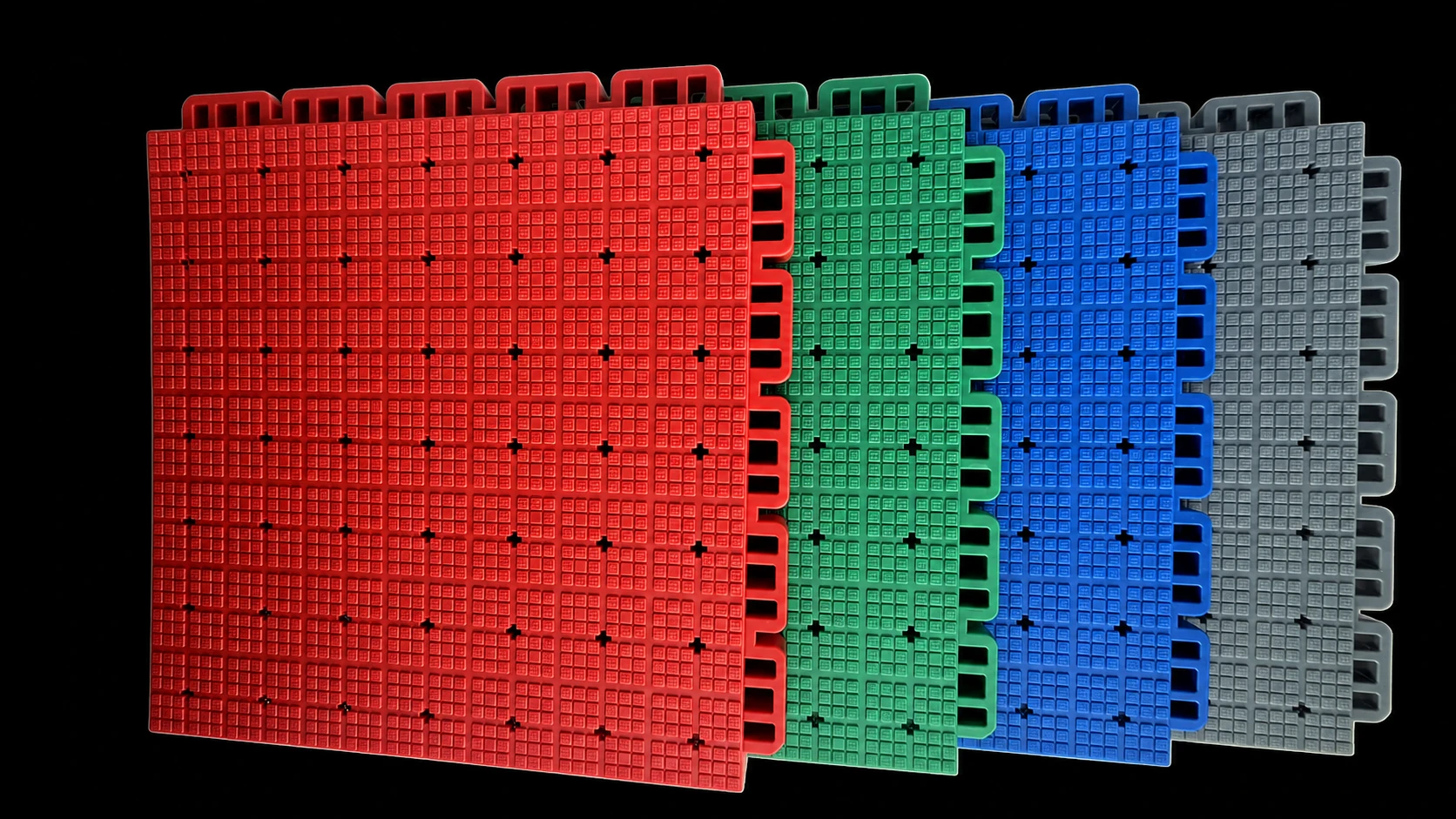 Red, green, blue and grey modular sport floor tiles